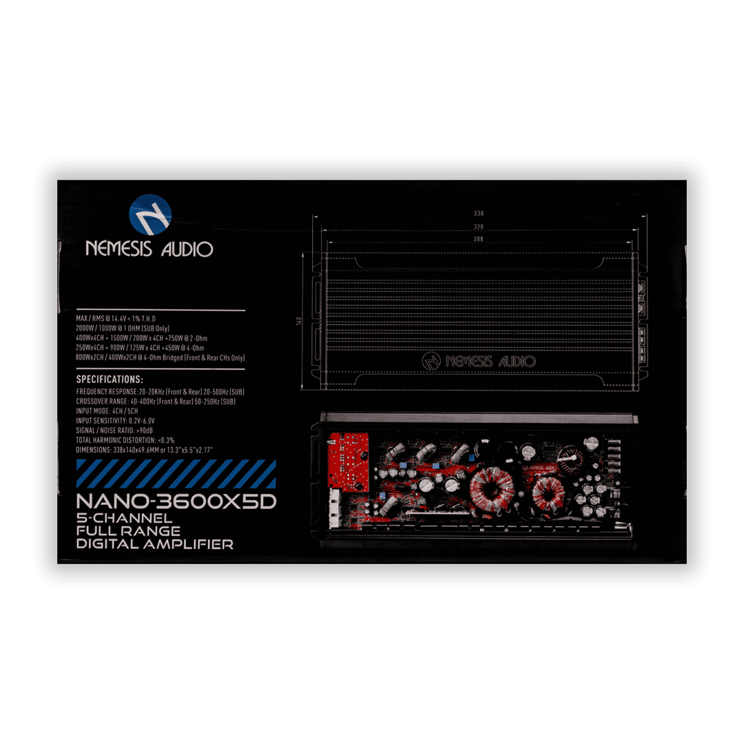 Nemesis Audio NANO-3600X5D 5-channel amplifier box back with specs