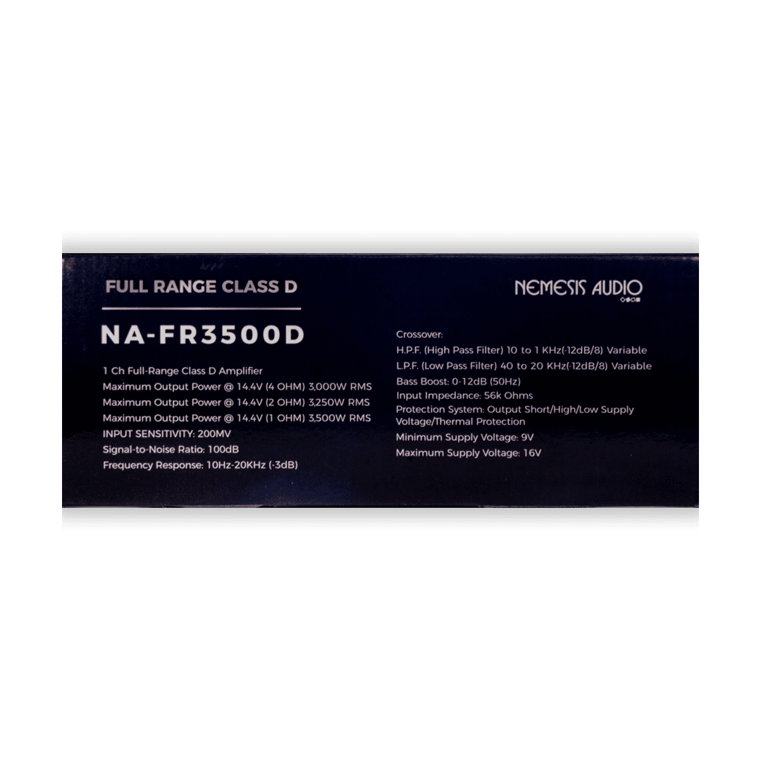 Nemesis Audio NA-FR3500D full range monoblock amplifier retail box side
