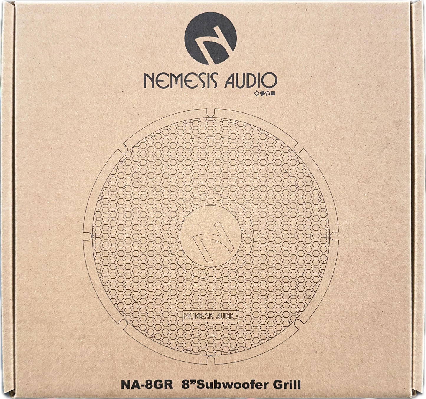 Nemesis Audio subwoofer grill packaging and badge detail
