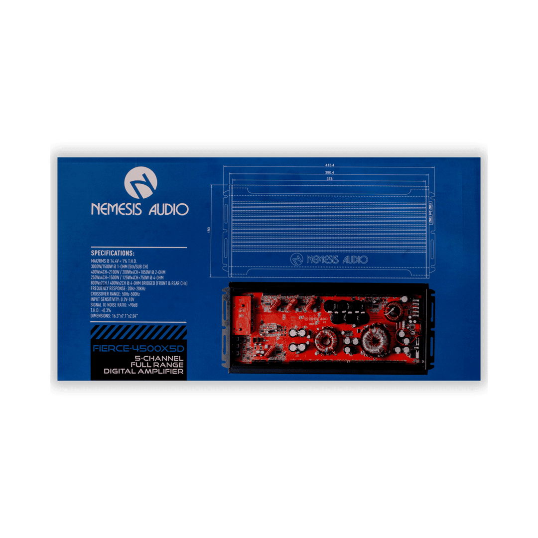 Nemesis Audio FIERCE-4500X5D 5-channel amplifier box back specs