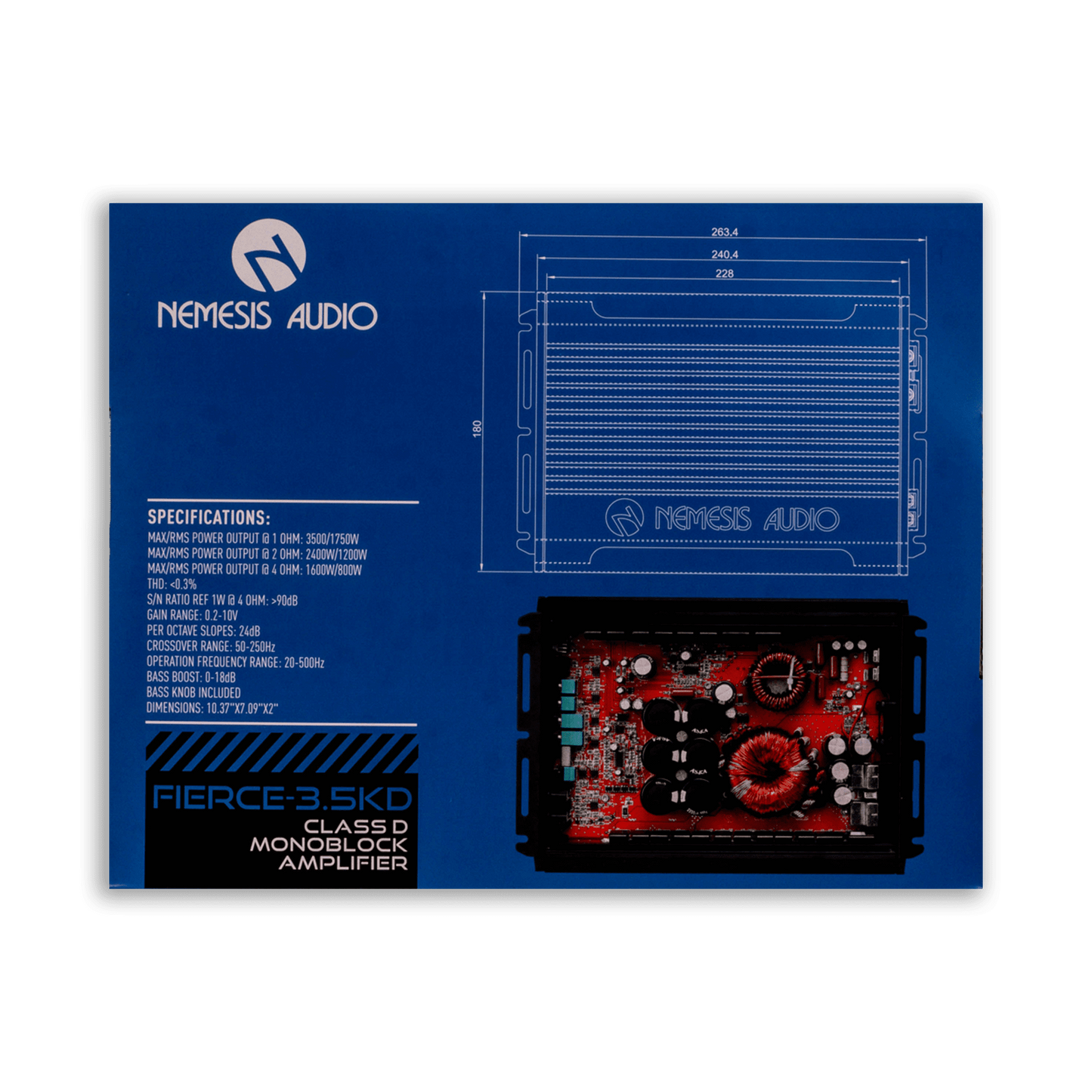 Nemesis Audio FIERCE-3.5KD 3500W max amplifier retail box rear specs