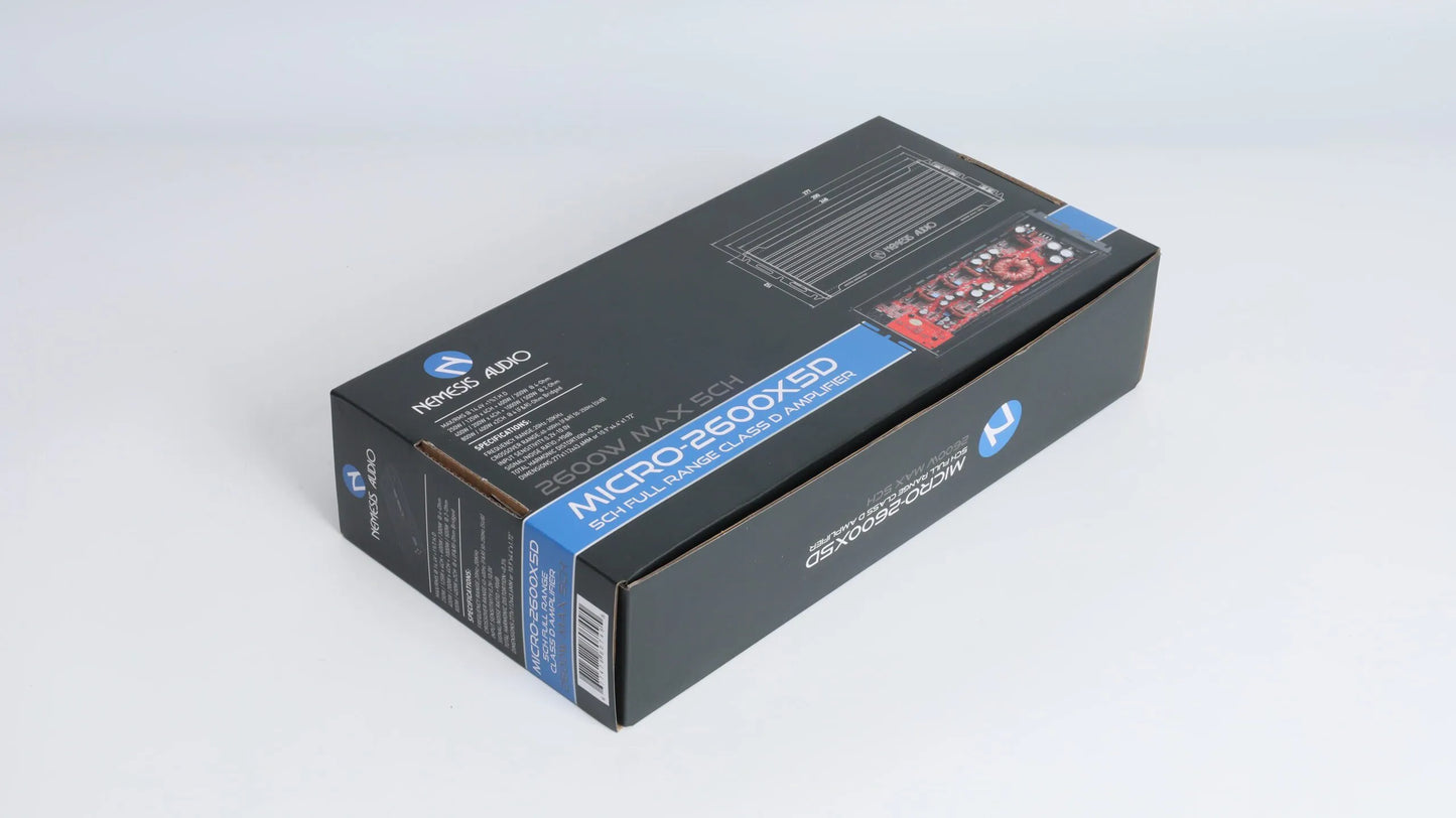 Nemesis Audio MICRO-2600X5D amplifier retail box side