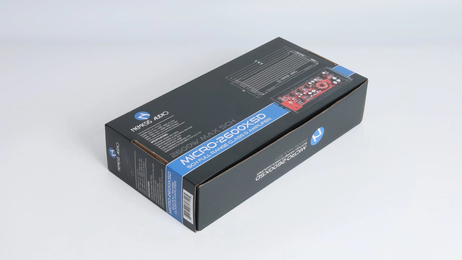 Nemesis Audio MICRO-2600X5D amplifier retail box side