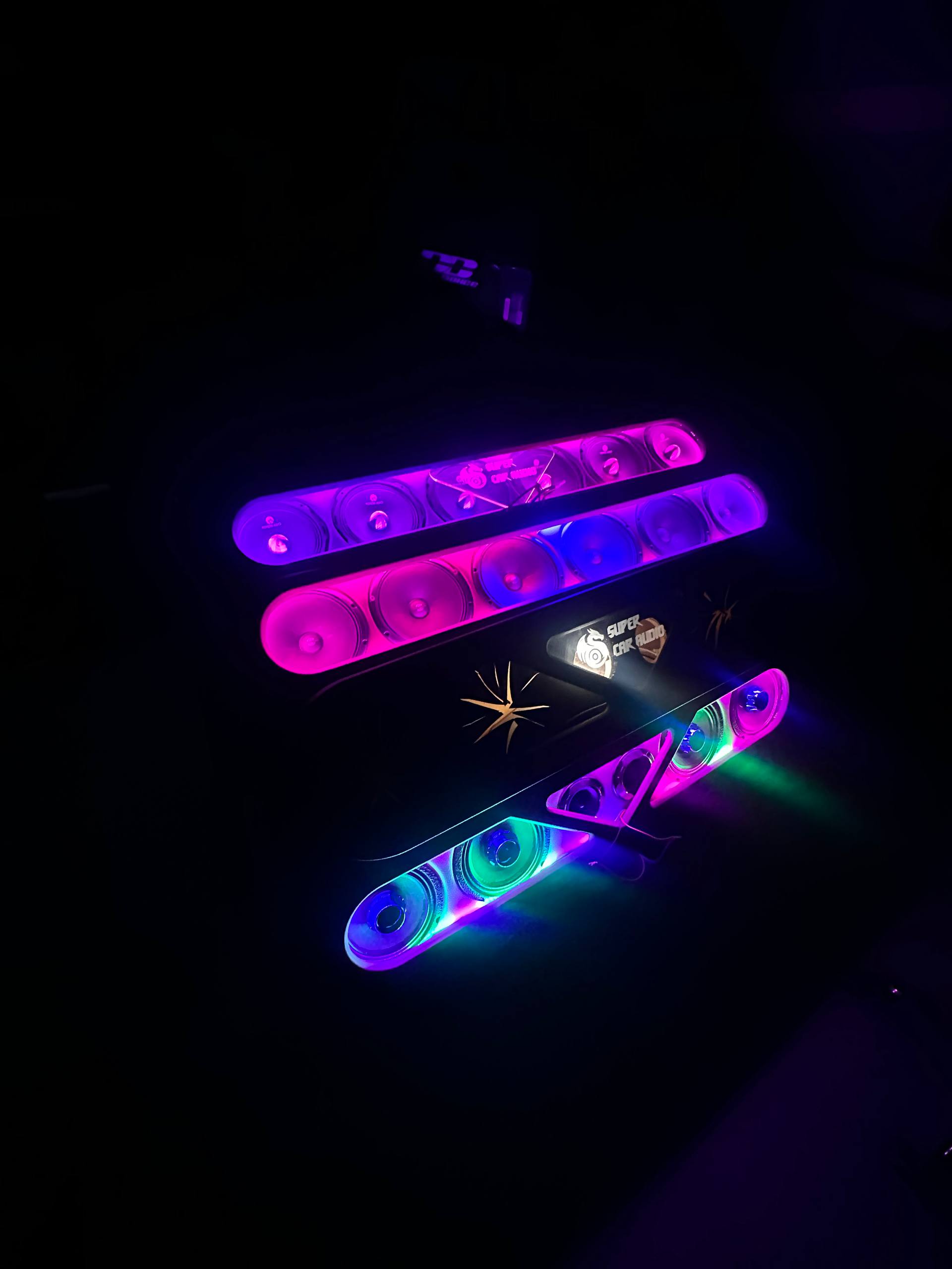 Installed powered LED headliner roof panel for loud truck audio system