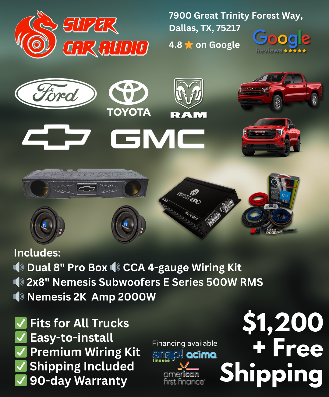 Nemesis Truck Bass Package – 2X8” 500W RMS Bass Nemesis Audio System – Chevrolet Silverado/GMC Sierra/Dodge RAM/Ford F150 F250 F350/Tundra Tacoma image 1