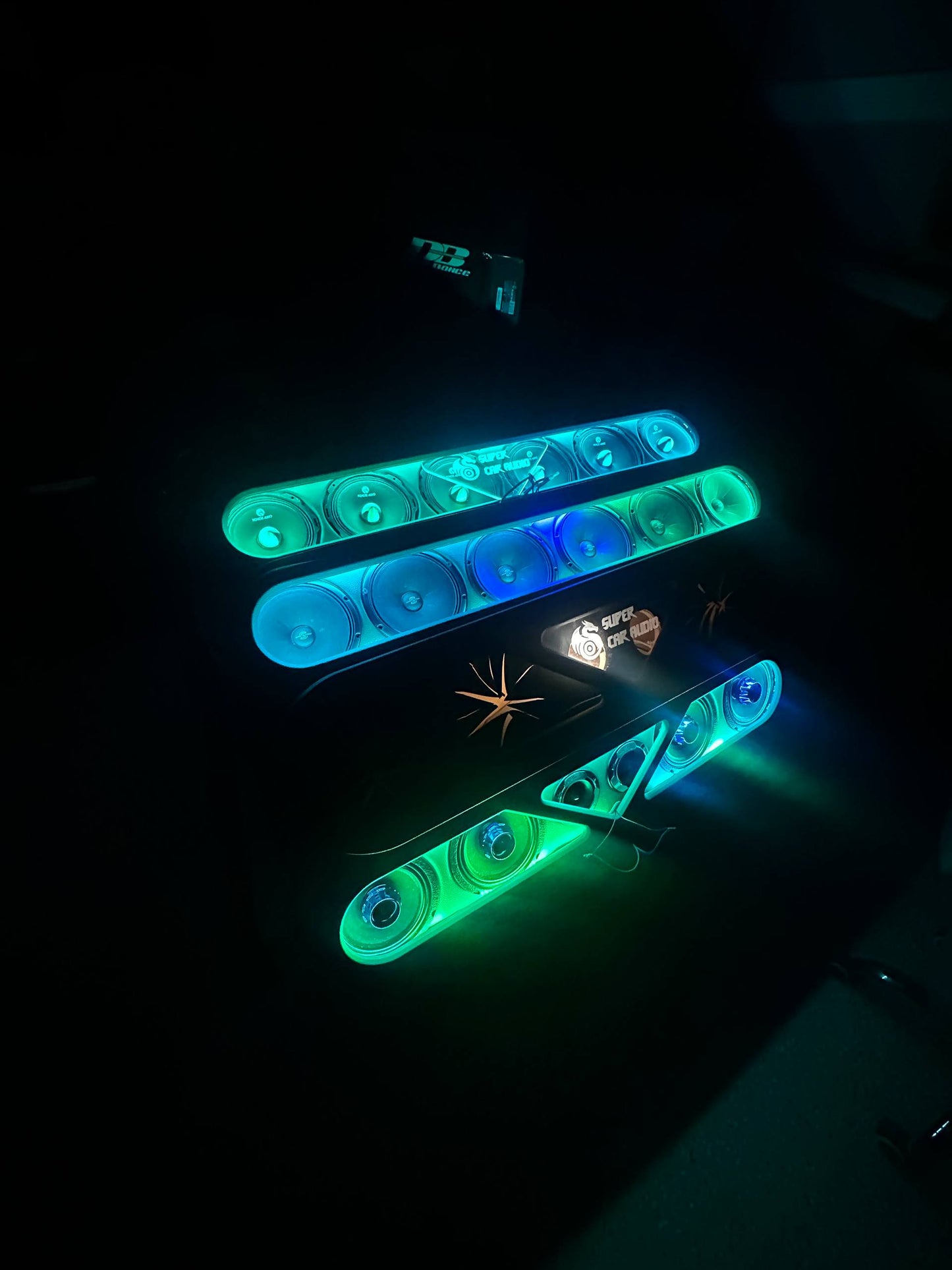 Custom LED headliner speaker rack with Deaf Bonce midrange and tweeter layout