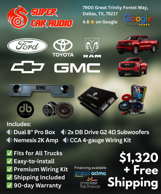 DB Drive Truck Bass Package – 2X8” Bass Nemesis Audio System – Chevrolet Silverado/GMC Sierra/Dodge RAM/Ford F150 F250 F350/Tundra Tacoma image 0