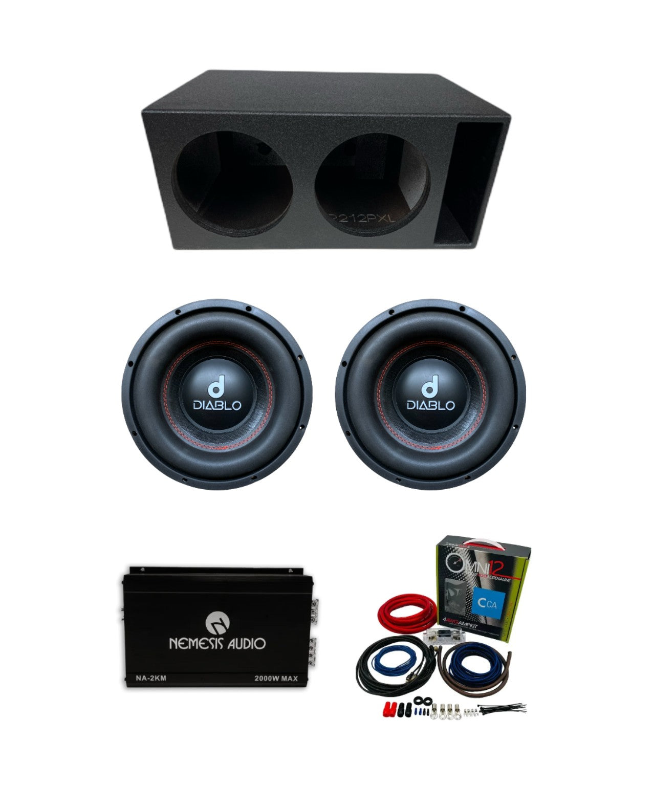 Diablo DB-12D4 V2 2x12 ported bass package with Nemesis Audio NA-2KM amplifier and 4 gauge wiring kit