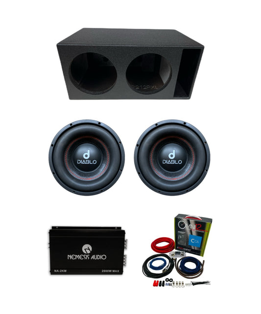 Diablo DB-12D4 V2 2x12 ported bass package with Nemesis Audio NA-2KM amplifier and 4 gauge wiring kit