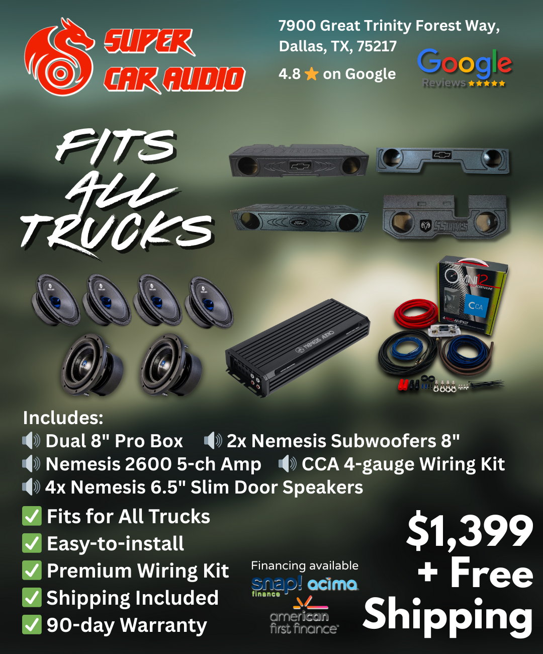 Full Sound System Package (Voice + Bass) — Fits Most Full-Size & Mid-Size Trucks (Chevy Silverado, GMC Sierra, Ford F-150 / F-250 / F-350, RAM 1500 / 2500 / 3500, Toyota Tundra / Tacoma, Nissan Titan) image 0