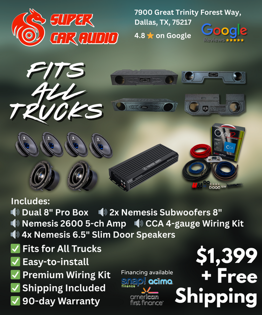 Full Sound System Package (Voice + Bass) — Fits Most Full-Size & Mid-Size Trucks (Chevy Silverado, GMC Sierra, Ford F-150 / F-250 / F-350, RAM 1500 / 2500 / 3500, Toyota Tundra / Tacoma, Nissan Titan) image 0