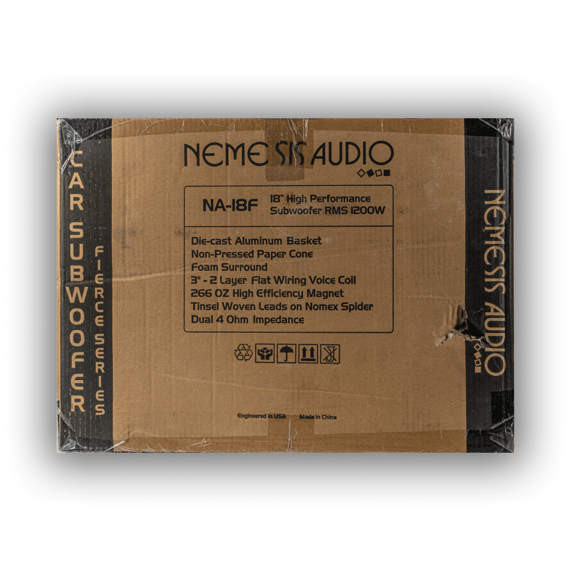 Nemesis Audio NA-18F 18 inch competition subwoofer retail box rear specs