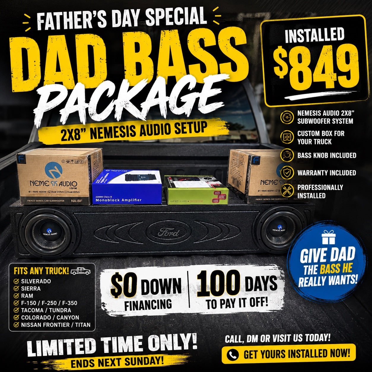Father's Day Dad Bass Package 2x8 Nemesis Audio truck bass system installed for $849