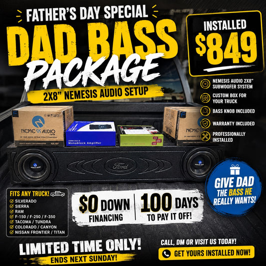 Father's Day Dad Bass Package 2x8 Nemesis Audio truck bass system installed for $849