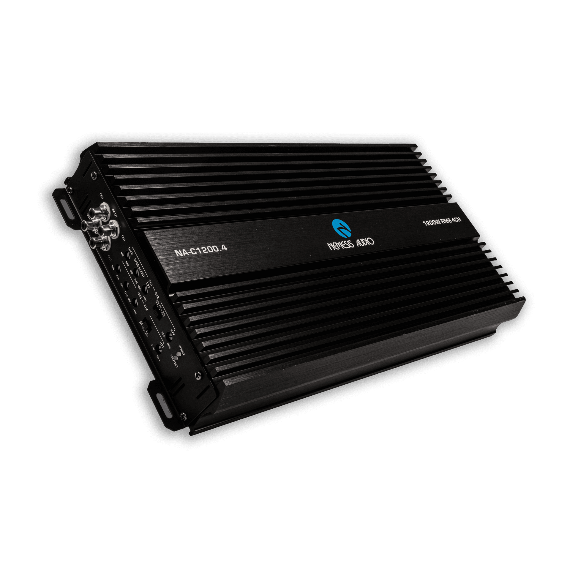 Nemesis Audio NA-C1200.4 4-channel car audio amplifier left view