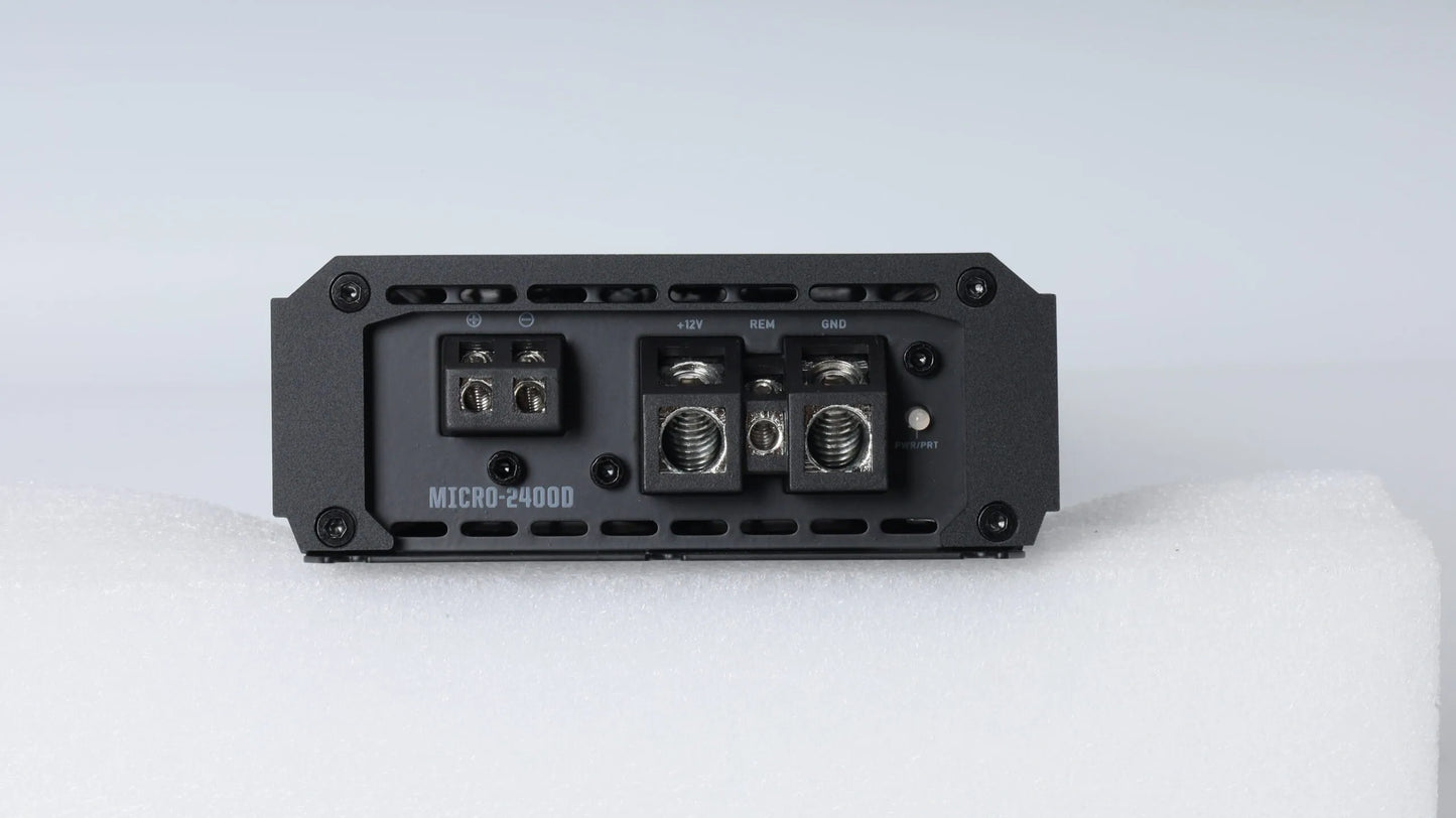 Nemesis Audio MICRO-2400D monoblock amp controls and connections