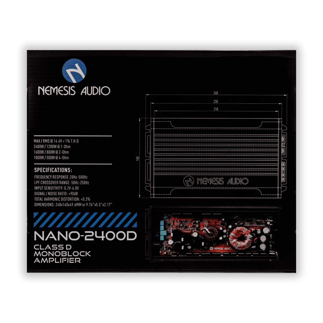Nemesis Audio NANO-2400D amplifier retail box back panel