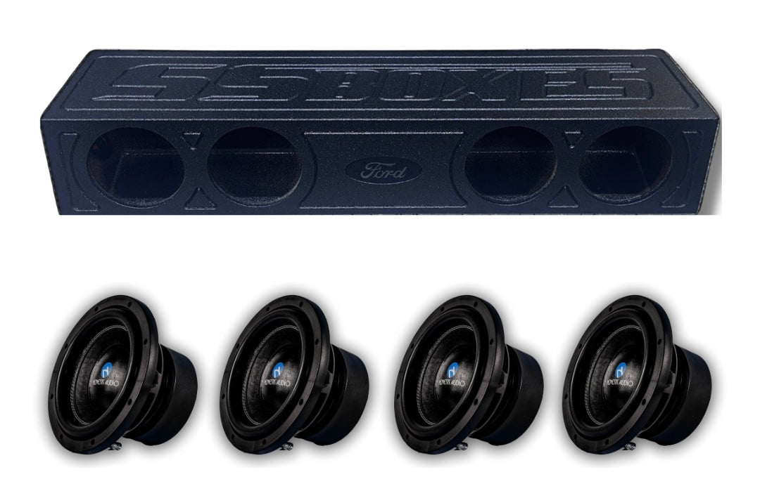 Ford F150 F250 F350 Crew Cab Nemesis Audio 4x8 box and subs package with four 8 inch subwoofers and ported enclosure