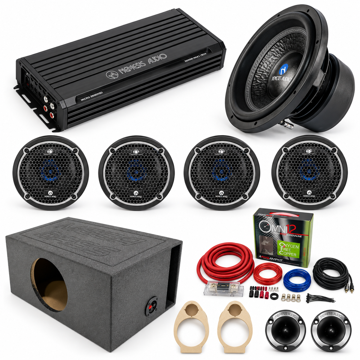 Complete 5-channel car audio package with 4 speakers, 2 tweeters, 12-inch subwoofer, ported box, 2600W amplifier, spacers and OFC 4-gauge wiring