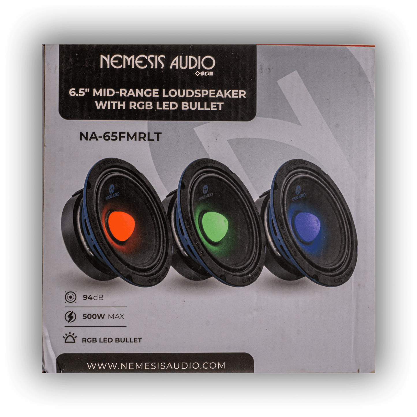 Nemesis Audio NA-65FMRLT RGB LED midrange speaker product box front