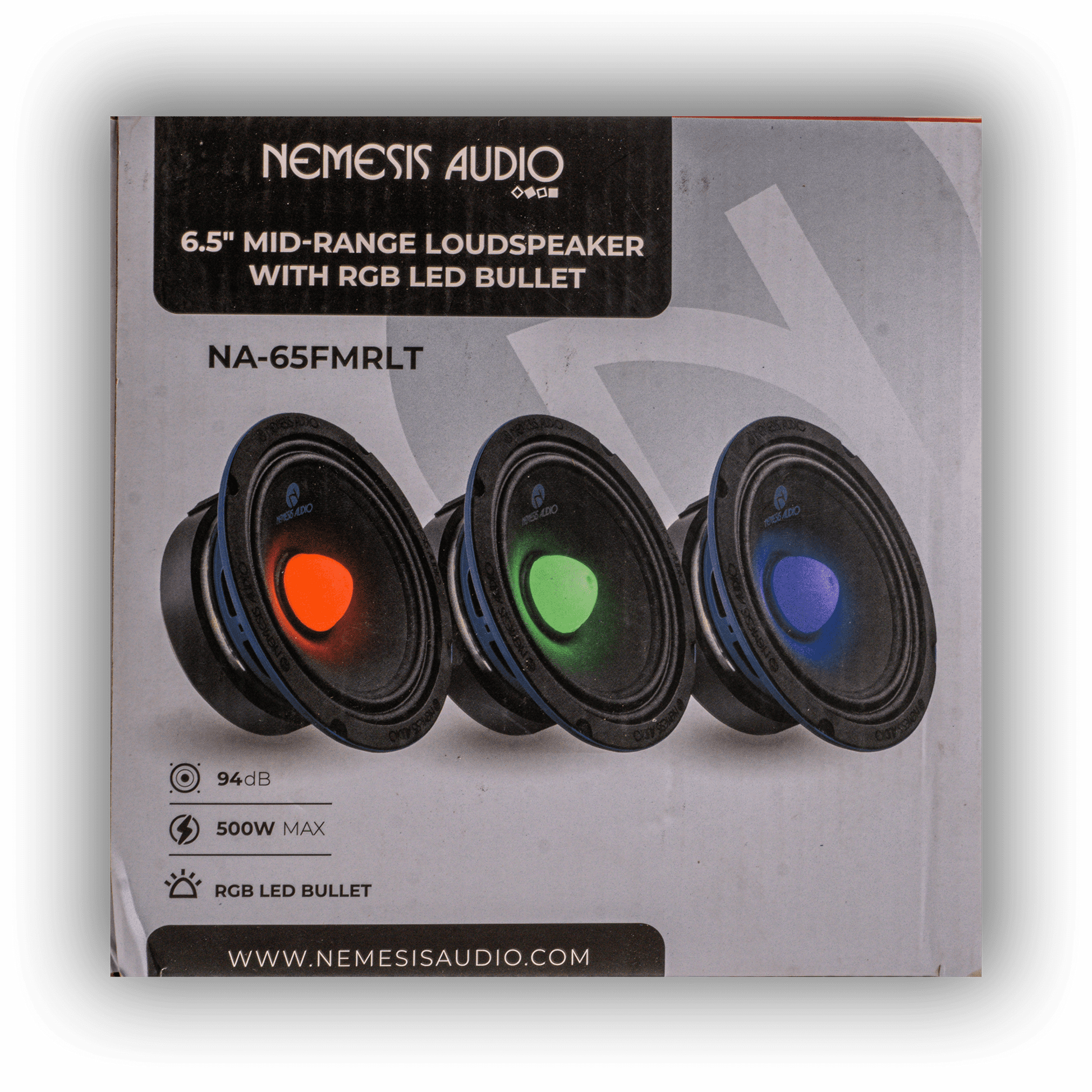 Nemesis Audio NA-65FMRLT RGB LED midrange speaker product box front