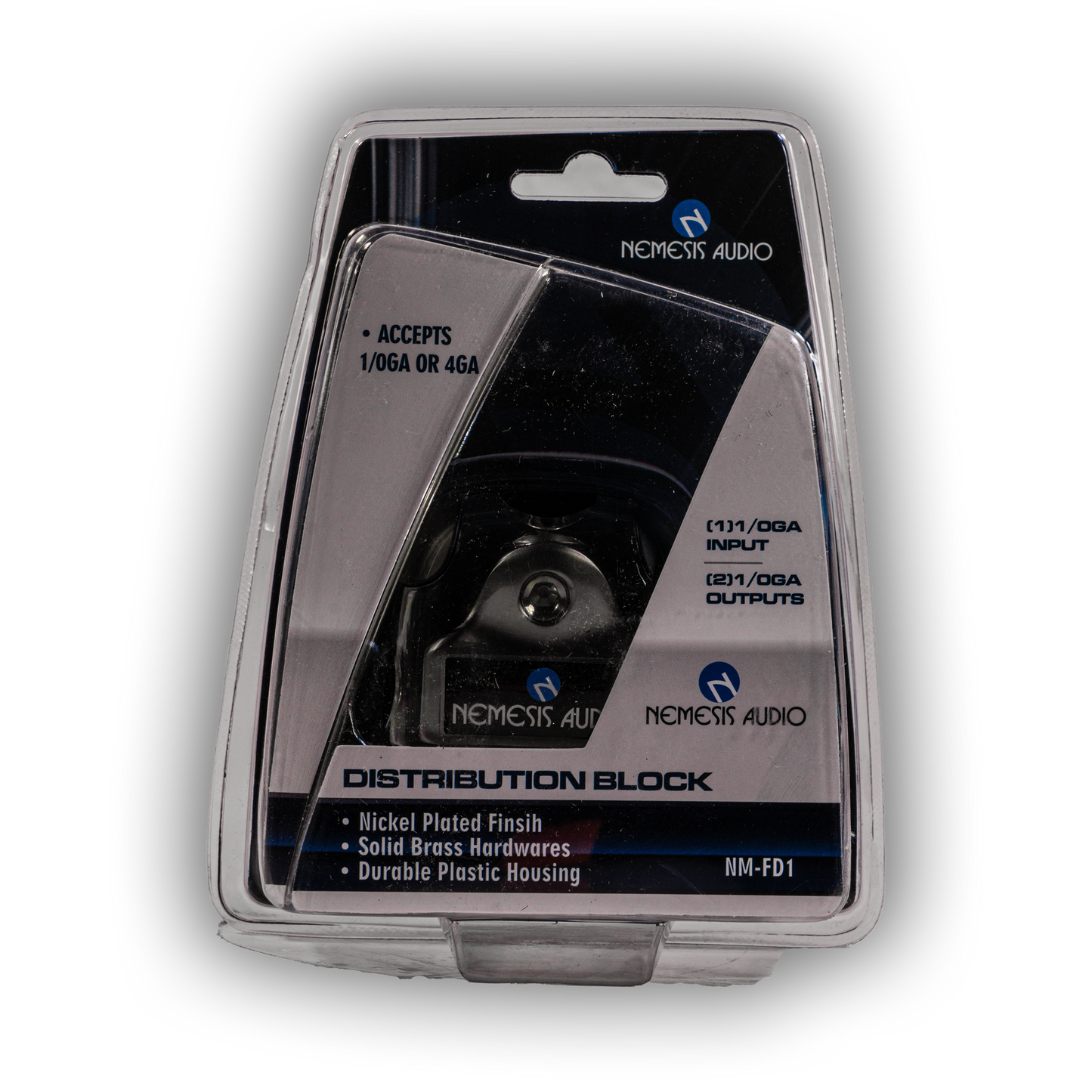 Nemesis Audio NM-FD1 1/0 gauge 1-to-2 distribution block front packaging
