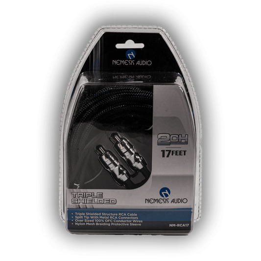 Nemesis Audio NM-RCA17 17-foot triple shielded 2-channel RCA cable front packaging