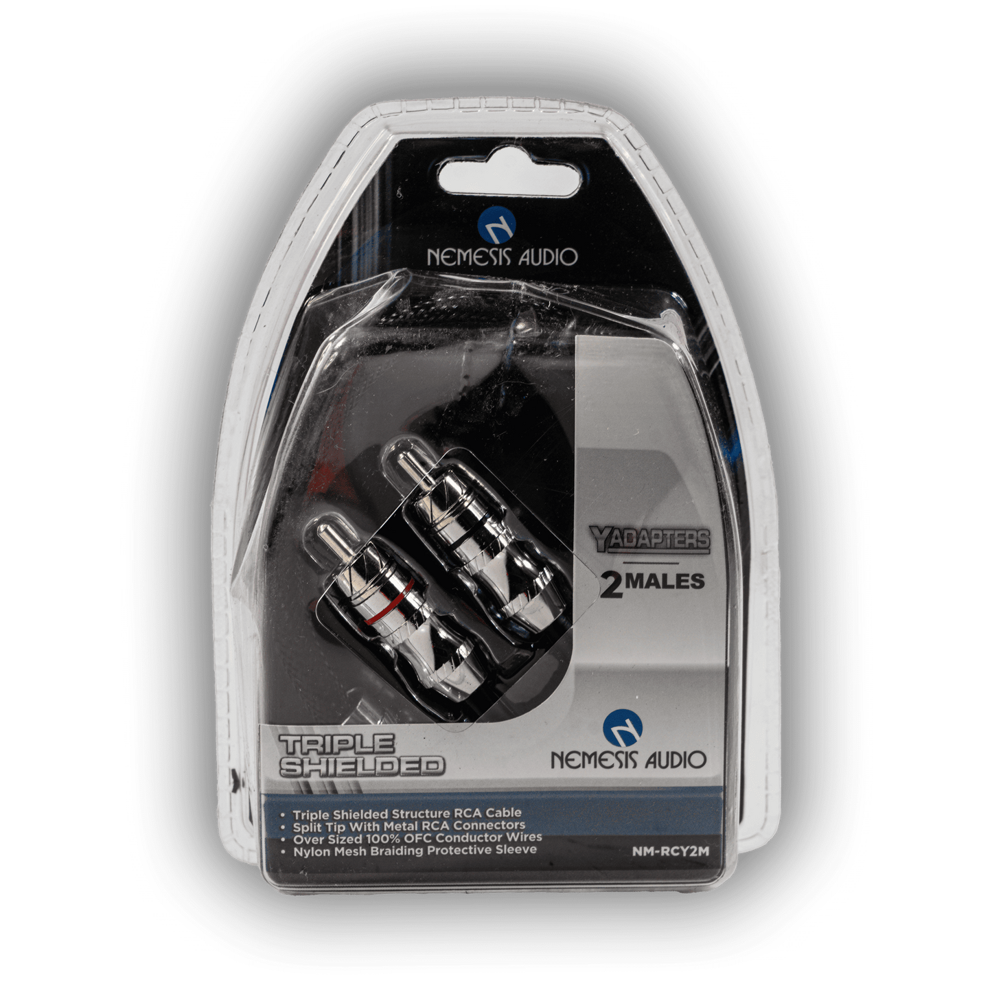 Nemesis Audio NM-RCY2M triple shielded RCA Y adapter with 2 male ends front packaging