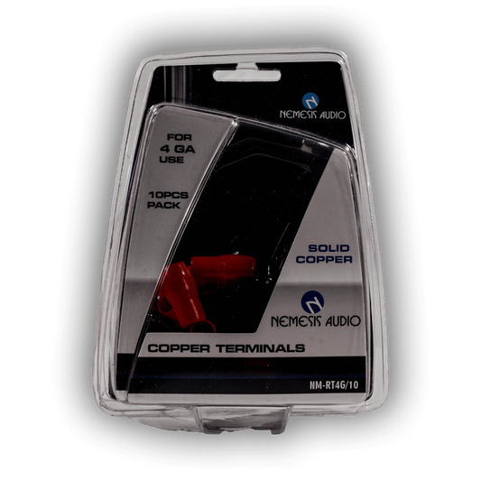 Nemesis Audio NM-RT4G/10 4 gauge copper ring terminals 10 pack front packaging