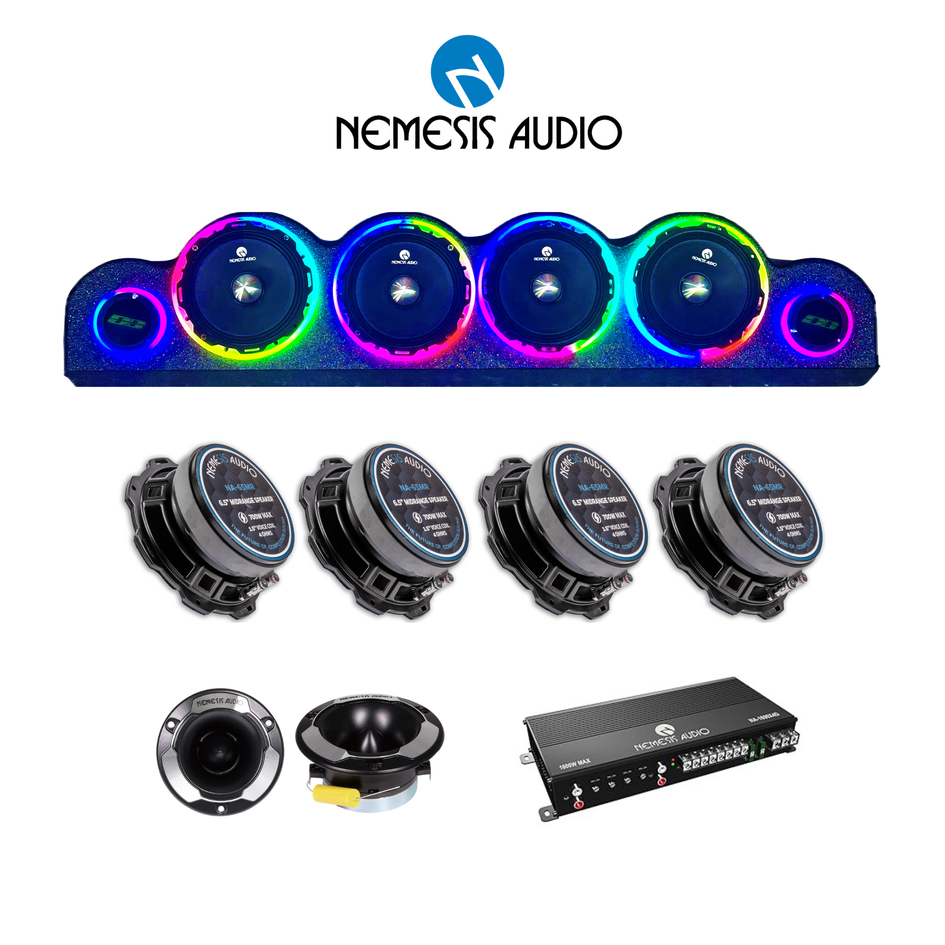 Nemesis Audio headliner roof rack kit with 4 NA-65MR speakers 2 NEO-TW33 tweeters and NA-1600X4D amplifier