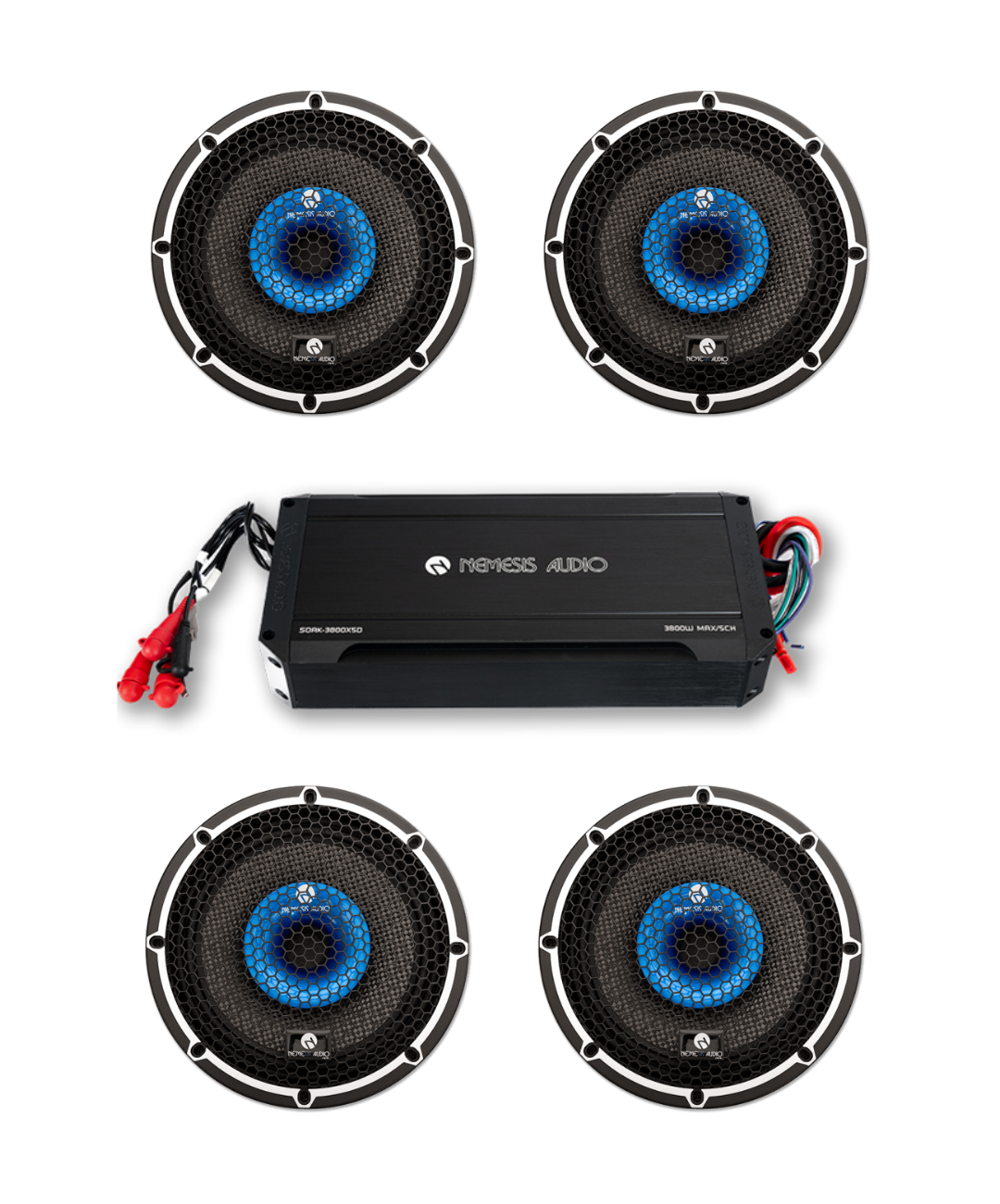 Nemesis Audio SOAK-3800X5D amplifier with 4 CXH-8WTR 8 inch water resistant speakers package