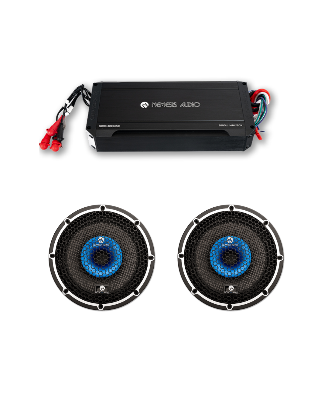 Nemesis Audio SOAK-3800X5D amplifier with two CXH-8WTR 8 inch water resistant speakers package