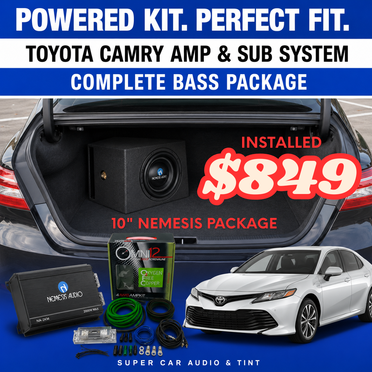 Toyota Camry 2007-2026 10-inch Nemesis bass package installed in Dallas