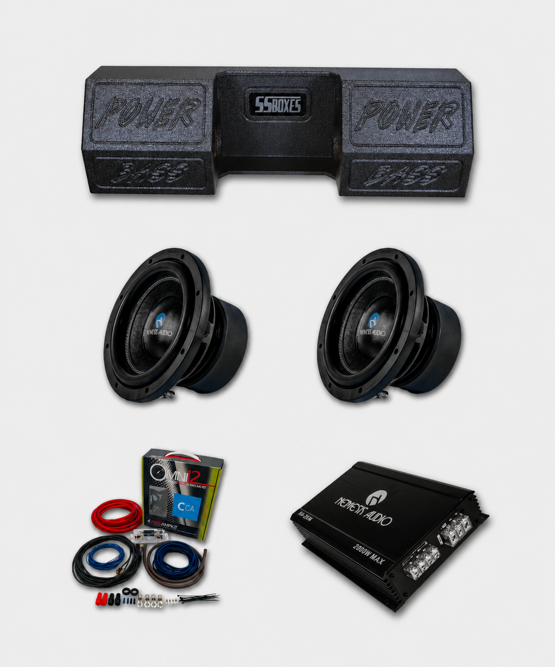 Universal single cab truck Nemesis Audio 2x8 bass package with dual 8 inch subwoofers, ported enclosure, amplifier, wiring kit, and line output converter