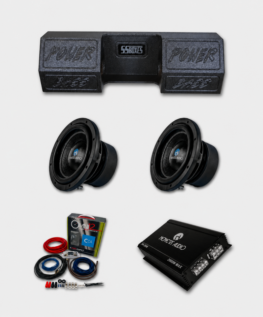 Universal single cab truck Nemesis Audio 2x8 bass package with dual 8 inch subwoofers, ported enclosure, amplifier, wiring kit, and line output converter