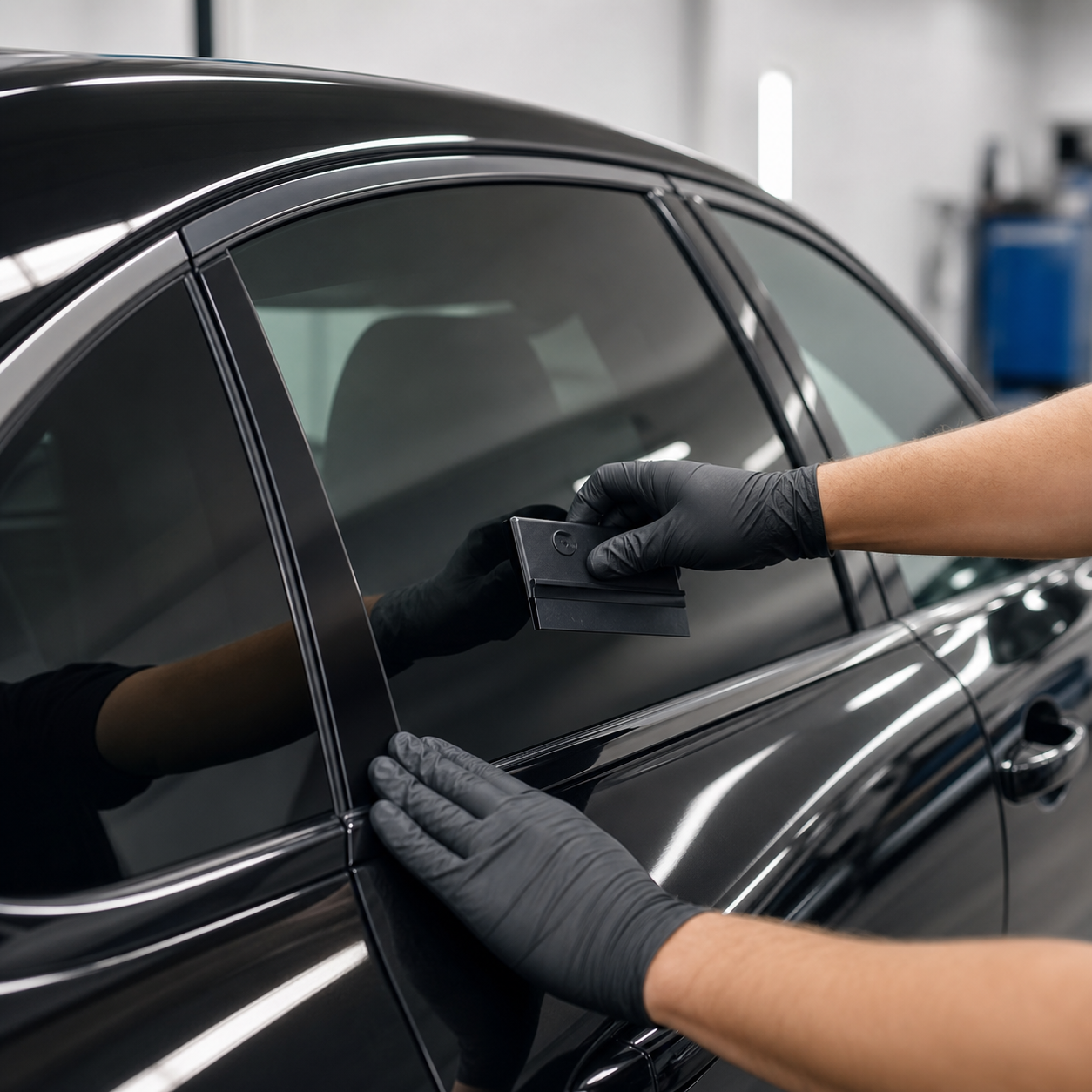 Professional applying window tint to a black car window