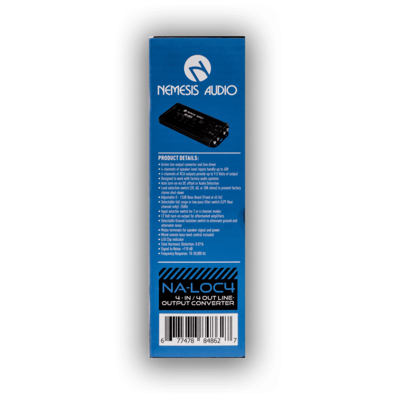 NA-LOC4 unit beside its wired remote bass-level control and power cable harness layout