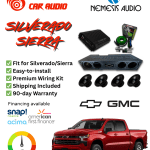 Quad 8 inch Nemesis bass package installed in a Chevy Silverado and GMC Sierra 4 door truck (2014–2026)