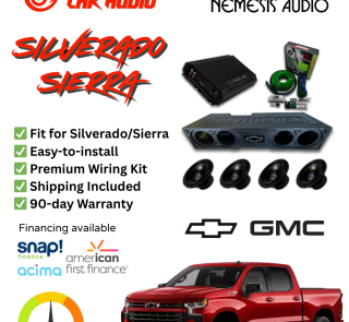 Quad 8 inch Nemesis bass package installed in a Chevy Silverado and GMC Sierra 4 door truck (2014–2026)