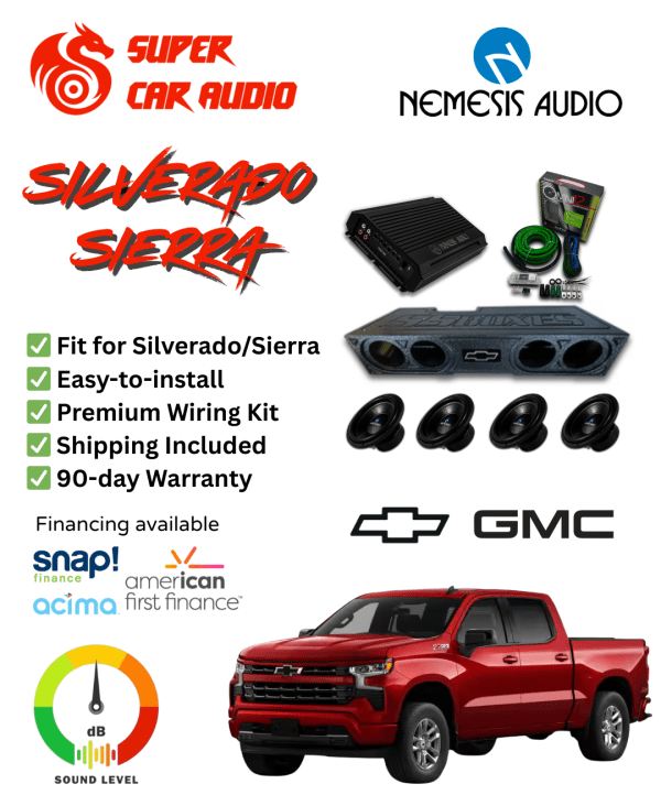 Quad 8 inch Nemesis bass package installed in a Chevy Silverado and GMC Sierra 4 door truck (2014–2026)